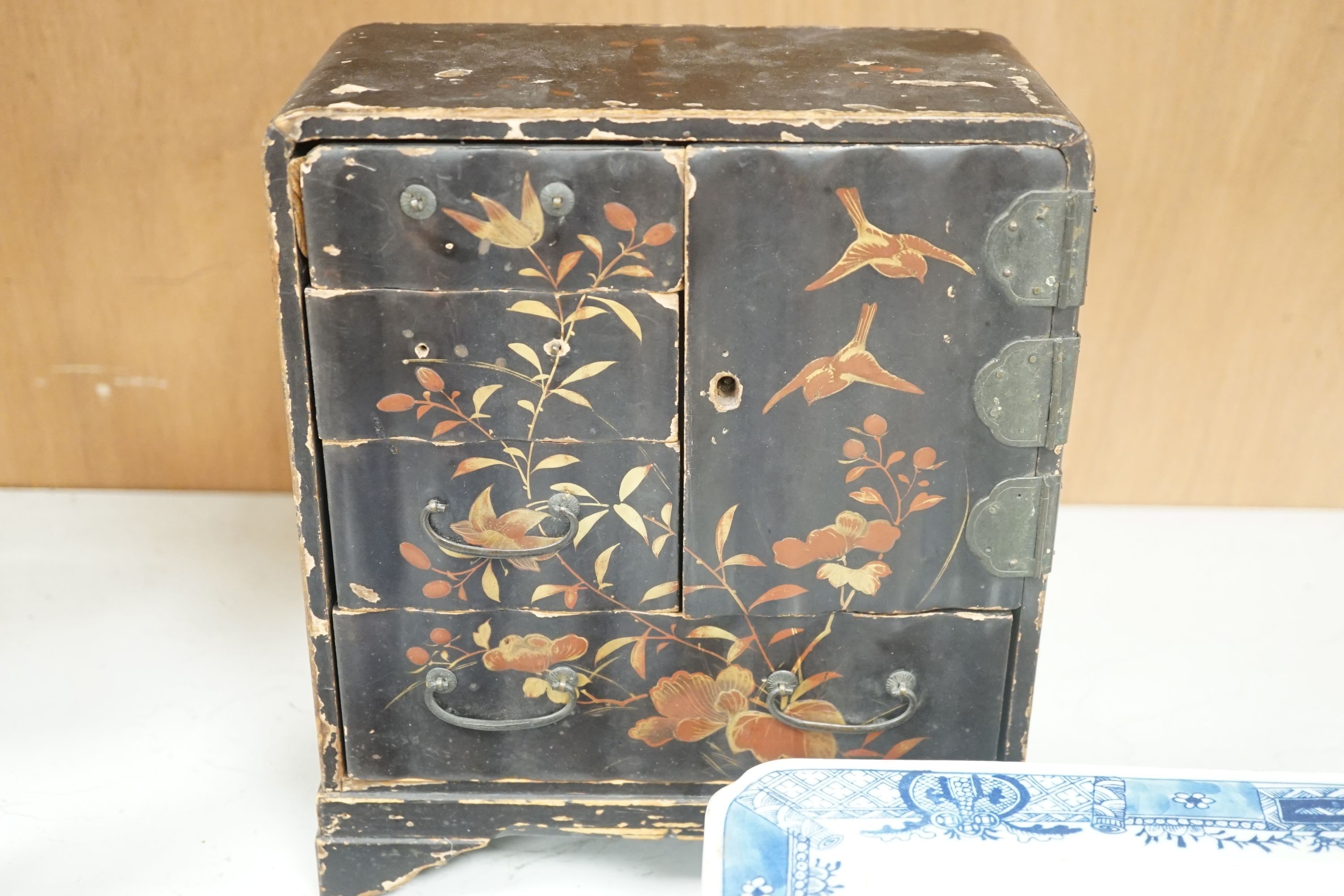 A rectangular Chinese dish, a square blue and white dish and a Japanese lacquer cabinet, rectangular dish 40 cms wide x 28 cms deep.